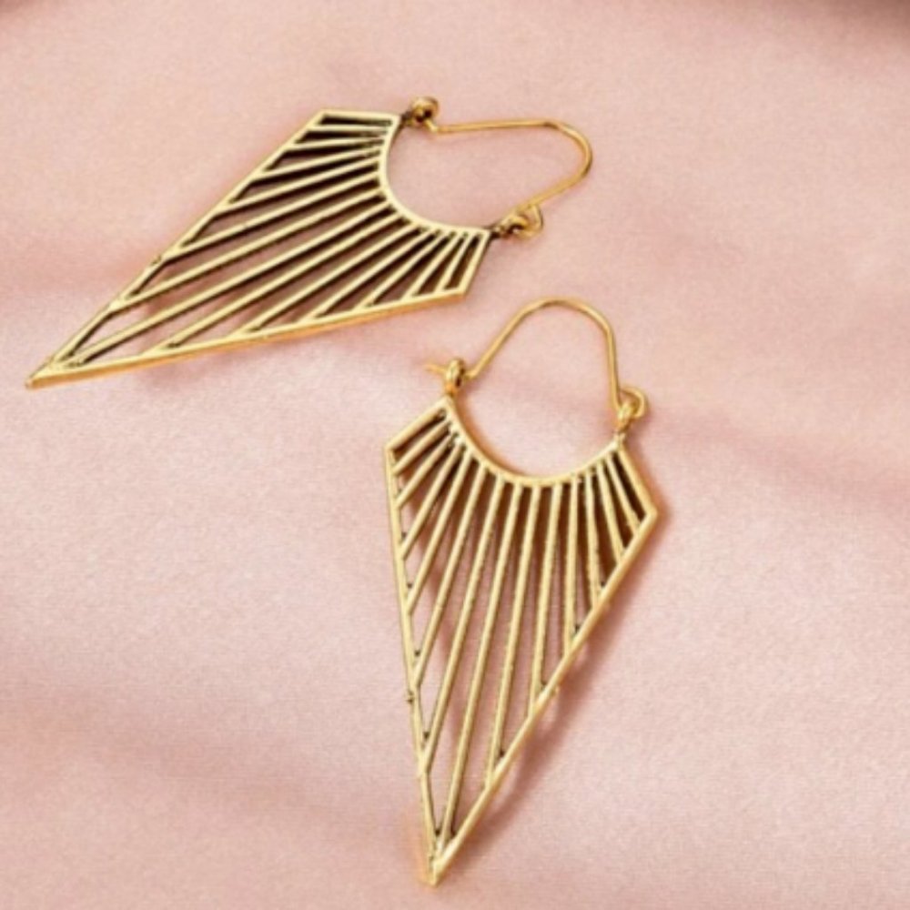 Gold Alloy Hollow Out Triangle Design Hoop Dangle Women's Jewelry
